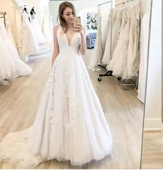 2021 Vestuvių Suknelė Princesė Boho Rankovių Grindų Ilgis, V-Kaklo Tiulio Organza Charming Lady A-Line Bridal Suknelės, Elegantiškas