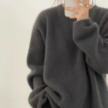 Europos prekių rudens žiemos naujas apvalios kaklo kašmyro megztinis moteriška storio ištižęs tingus vėjas tamsiai pilkos spalvos megztinis laisvi megztiniai megztinis