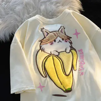 Kawaii T-Shirt Bananų Katė Spausdinimo Moterys Vyrai Marškinėlius Vasaros Medvilnės Tees Viršūnes Naujasis Japonijos Anime 2023