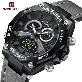 NAVIFORCE Nauja NF9220 Laikrodžiai Vyras natūralios Odos Dirželis Sporto Kvarco Vyrų Laikrodis su Kūrybine Dvigubas Ekranas Perjungiklis